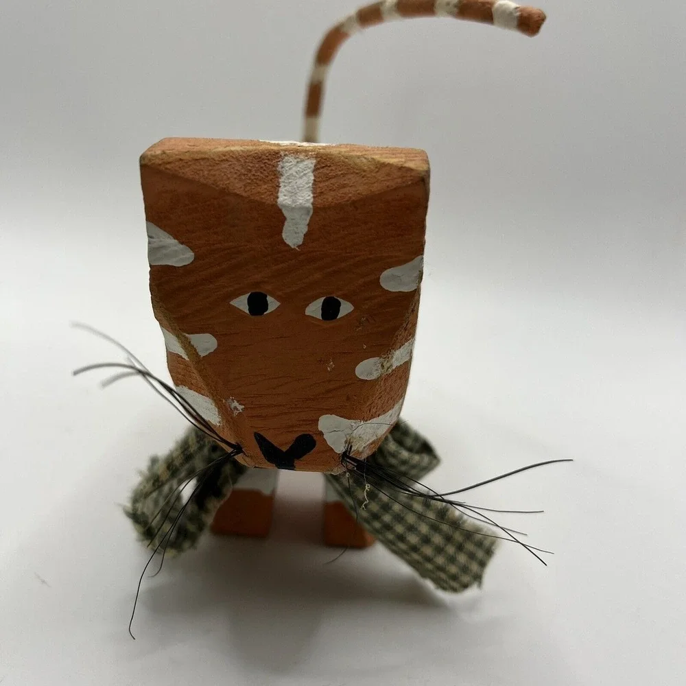 Hand Carved Painted Cat Orange Striped Primitive Folk Art Signed 1998 Whiskers‎